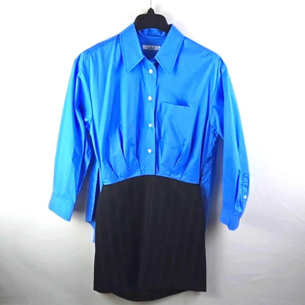 LILY Womens Blue Two Tone Shirt Dress Sz M NWT 100% Cotton Top